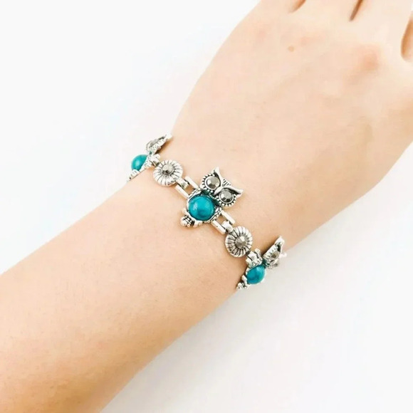 Blue Turquoise SilverTone Pendant Necklace Bracelet and Earrings Set Owl Theme - Picture 4 of 5